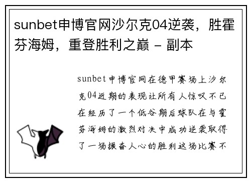 sunbet申博官网沙尔克04逆袭，胜霍芬海姆，重登胜利之巅 - 副本